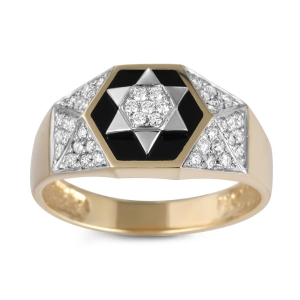 Anbinder Jewelry 14K Gold Star of David White Diamond Ring with Black Enamel