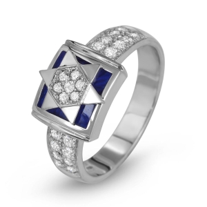 Anbinder Jewelry 14K White Gold Star of David Square Diamond Ring with Blue Enamel