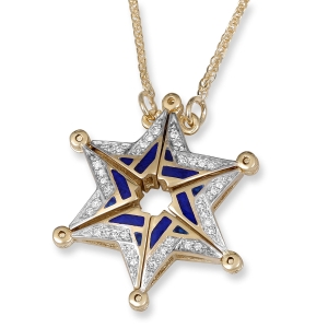 Anbinder Jewelry 14K Yellow Gold Openable Star of David Necklace With White Diamonds and Blue Enamel