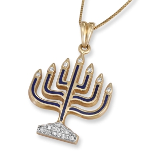 Anbinder Jewelry 14K Yellow Gold Seven-Branch Menorah Pendant with Diamonds & Blue Enamel