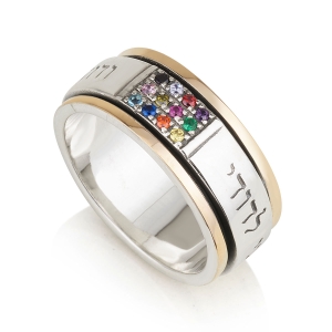 Sterling Silver and 9K Gold Ani LeDodi Spinning Ring With Choshen Design (Song of Songs 6:3)