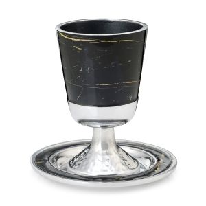 Aluminum Kiddush Cup and Saucer with Dark Marble Design