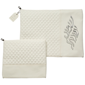 White Faux Leather Tallit and Tefillin Bag Set with Shema Yisrael