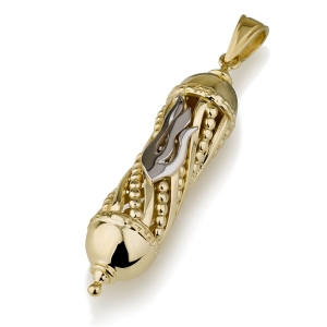 14K Gold Torah Scroll Mezuzah Pendant with ‘Shin’ Embellishment 