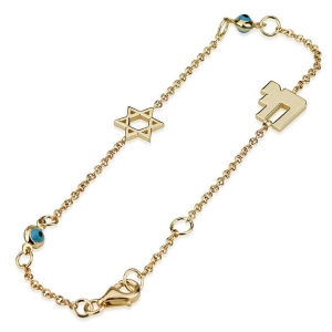 14K Yellow Gold Bracelet with Evil Eye, Chai and Star of David Charms