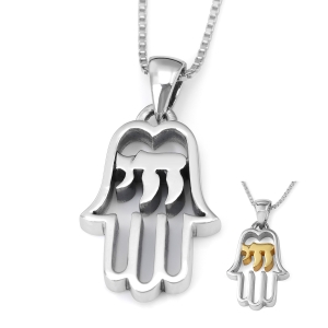 Sterling Silver Hamsa Pendant Necklace with Chai