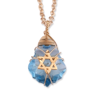 Blue Crystal Star of David Necklace with Gold Filled Wire Wrapping