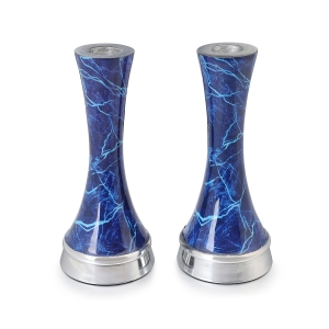 Tapered Shabbat Candlesticks With Blue Marble Design