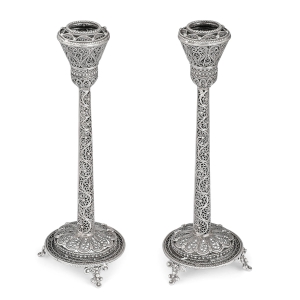 Traditional Yemenite Art Handcrafted Sterling Silver Deluxe Shabbat Candlesticks With Filigree Design