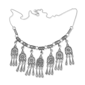 Traditional Yemenite Art Handcrafted Sterling Silver Filigree Necklace With Flower and Teardrop Designs