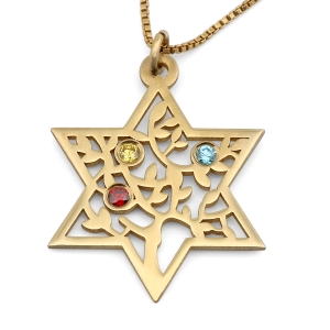Birthstone Star of David and Tree of Life 24K Gold-Plated Necklace 