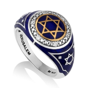 Marina Jewelry Sterling Silver and Blue Enamel Ring With Gold-Plated Star of David
