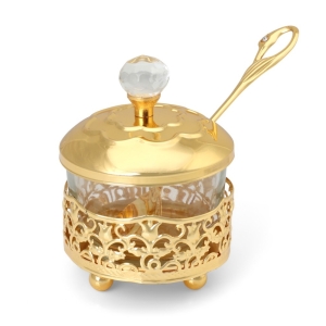 Golden Filigree Honey Dish – Glass & Metal