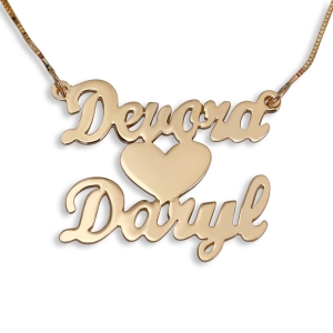 14K Gold Double Thickness Double Name Necklace in English with Heart