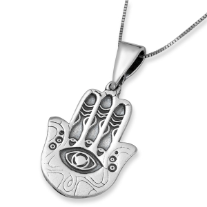 Sterling Silver Hamsa Evil Eye Necklace with Three Fishes