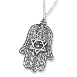 Traditional Yemenite Art Handcrafted Sterling Silver Hamsa Necklace With Star of David