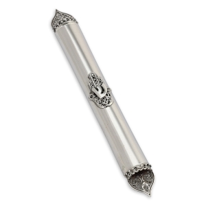 Polished Handcrafted Sterling Silver Mezuza Case With Hamsa Design By Traditional Yemenite Art
