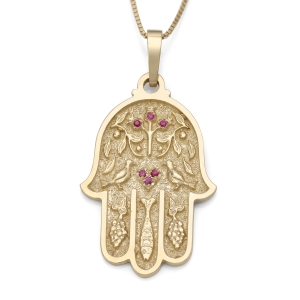 14K Yellow Gold Hamsa Pendant Necklace With Ruby Stones