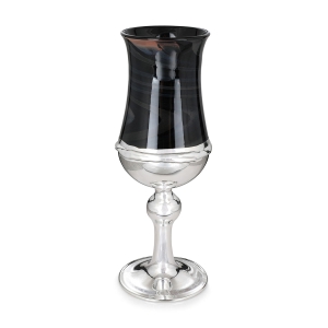Handcrafted Glass and Sterling Silver Kiddush Cup With Black Swirling Design