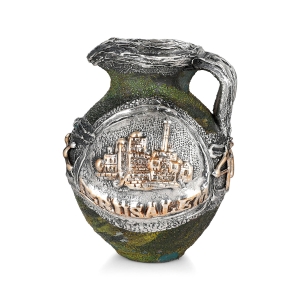 Handcrafted Green Ornamental Ceramic Pitcher With Sterling Silver Jerusalem Design