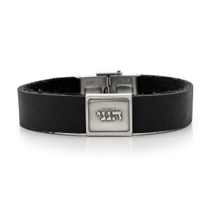 Men's Black Leather Bracelet with Silver-Plated Pendant and Stainless Steel Clasp 