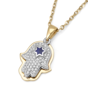 Anbinder Jewelry 14K Gold Diamond Hamsa Pendant with Blue Enamel Star of David