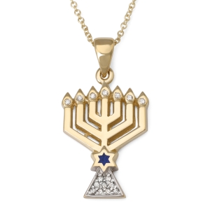 14K Gold Menorah Pendant with Star of David and Diamonds