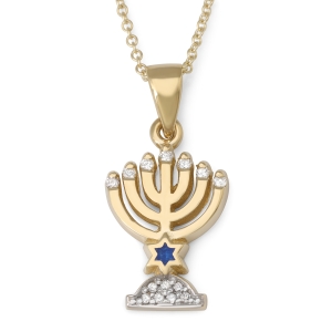 14K Gold Small Seven-Branched Menorah Pendant with 14 Diamonds and Enamel