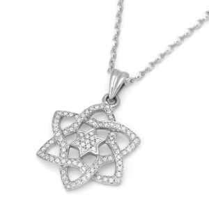 14K Gold Stylized Star of David Pendant with Diamonds and Central Star