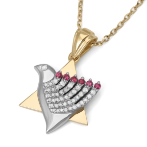 Two-Toned 14K Gold Star of David and Dove of Peace Pendant With Diamonds and Ruby Stones