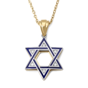 14K Gold & Blue Enamel Star of David Diamond Pendant Necklace