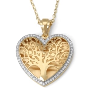 14K Gold Large Heart Shaped Tree of Life Pendant with Diamonds