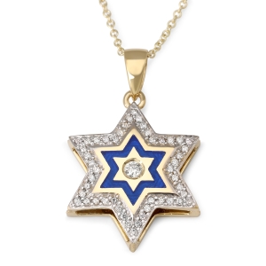 14K Gold Star of David Pendant with Diamonds and Enamel