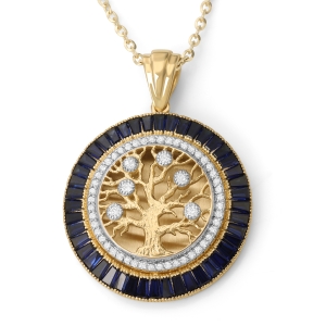 14K Yellow Gold Round Tree of Life Pendant with Diamonds and Sapphires