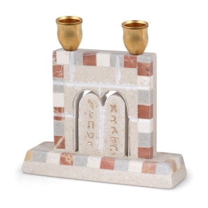 Jerusalem Stone Cut-Out Ten Commandments Candlesticks - Mosaic