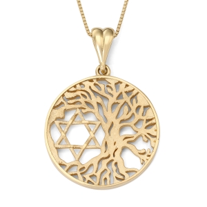 14K Gold Tree of Life  Star of David Pendant Necklace