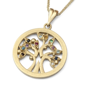 Stylish 14K Yellow Gold Tree of Life Pendant Necklace With Colorful Gemstones