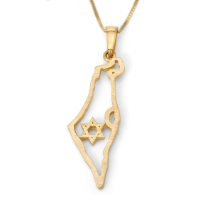14K Gold Outline Map of Israel Pendant with Star of David