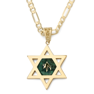 Large 14K Yellow Gold Men's Star of David Pendant with Engraved Chai on Eilat Stone