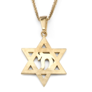 14K Gold Star of David & Chai Pendant Necklace