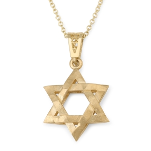 14K Gold Three-Dimensional Star of David Pendant Necklace With Interlocking Design