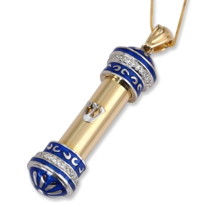 14K Yellow Gold and Blue Enamel Diamonds Mezuzah Necklace with Shin 