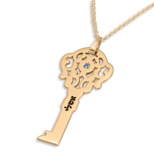 Gold Plated Key Necklace with Name and Swarovski Birthstone