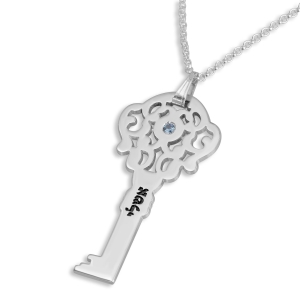 Silver Key Necklace with Name and Swarovski Birthstone