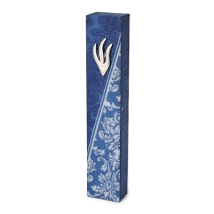 Lily Art Acrylic Mezuzah with Navy and White Damask Design