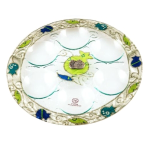 Lily Art Rosh Hashanah Glass Plate with Gold Pomegranate Border - Green