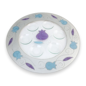 Lily Art Rosh Hashanah Glass Plate with Pomegranate Border - Blue