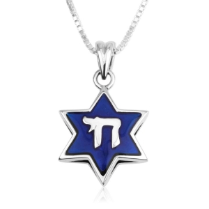 Marina Jewelry 925 Sterling Silver Blue Star of David & Chai Pendant Necklace