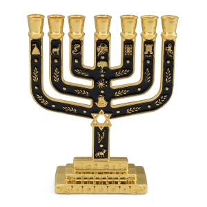 Tribes of Israel Gold Plated 7-Branched Menorah with Star of David
