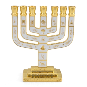 Twelve Tribes of Israel Gold-Plated Seven-Branch Menorah with Enamel